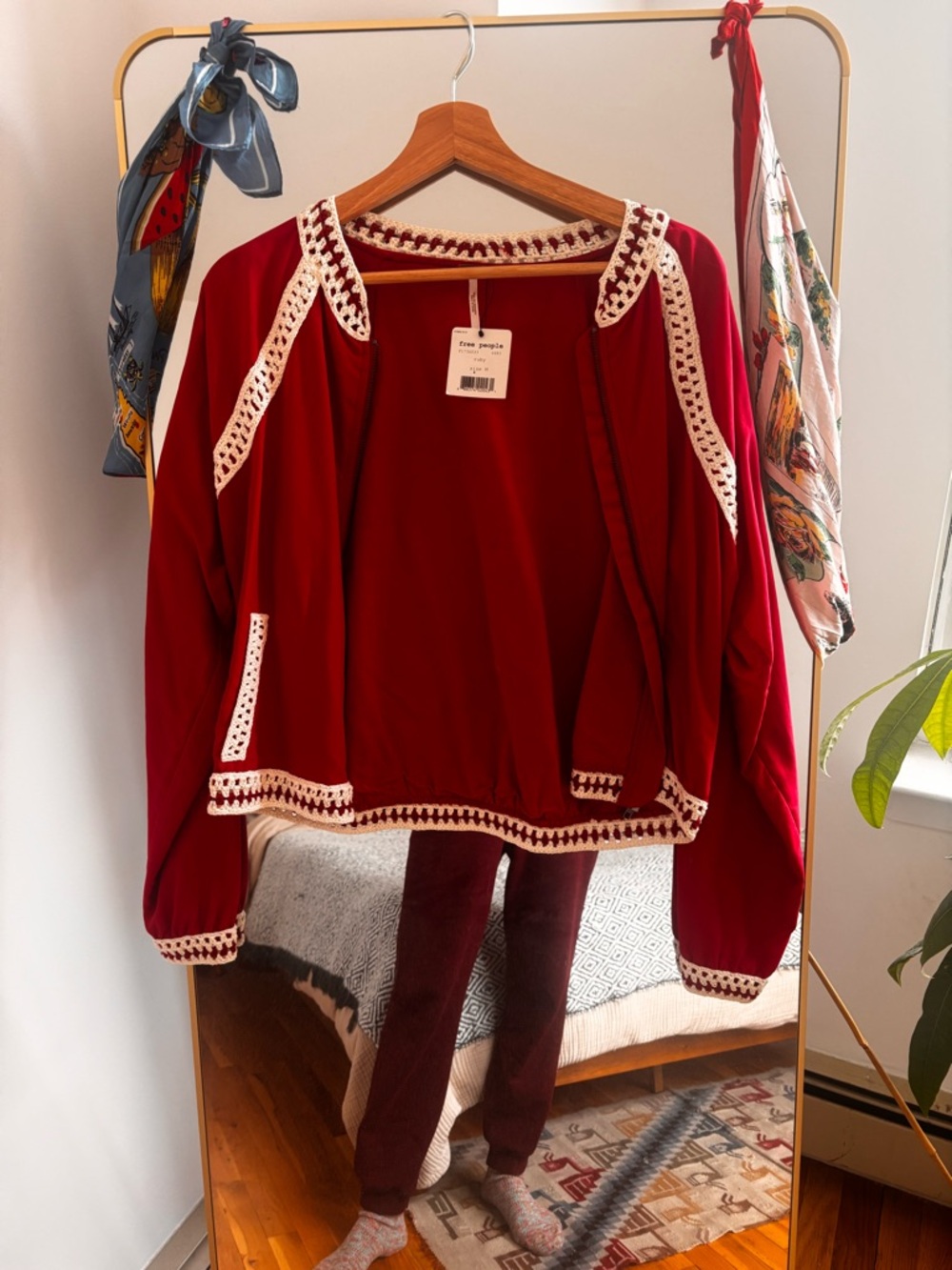 Free People Ruby Red Jacket with Cream Crochet Trim
